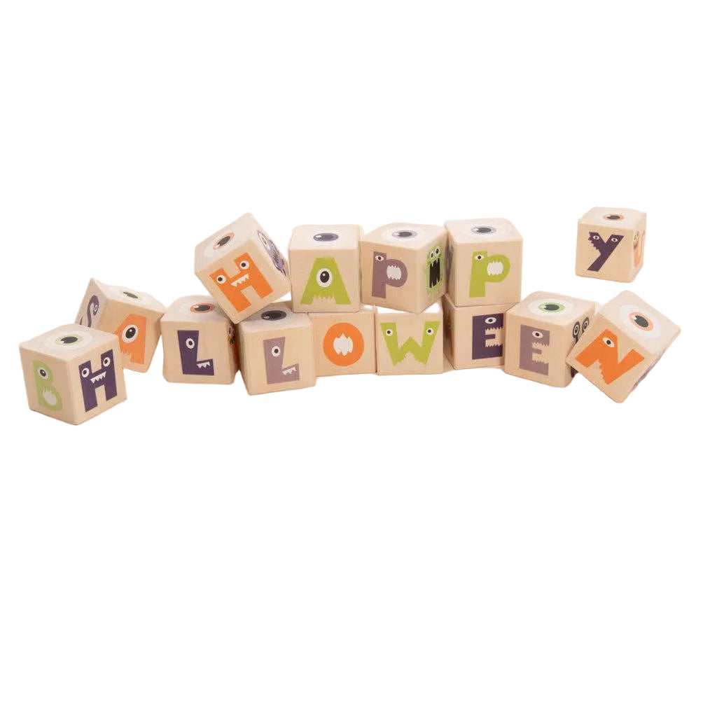 Wooden alphabet blocks with colorful monster faces spelling out 'Halloween' on a white background.