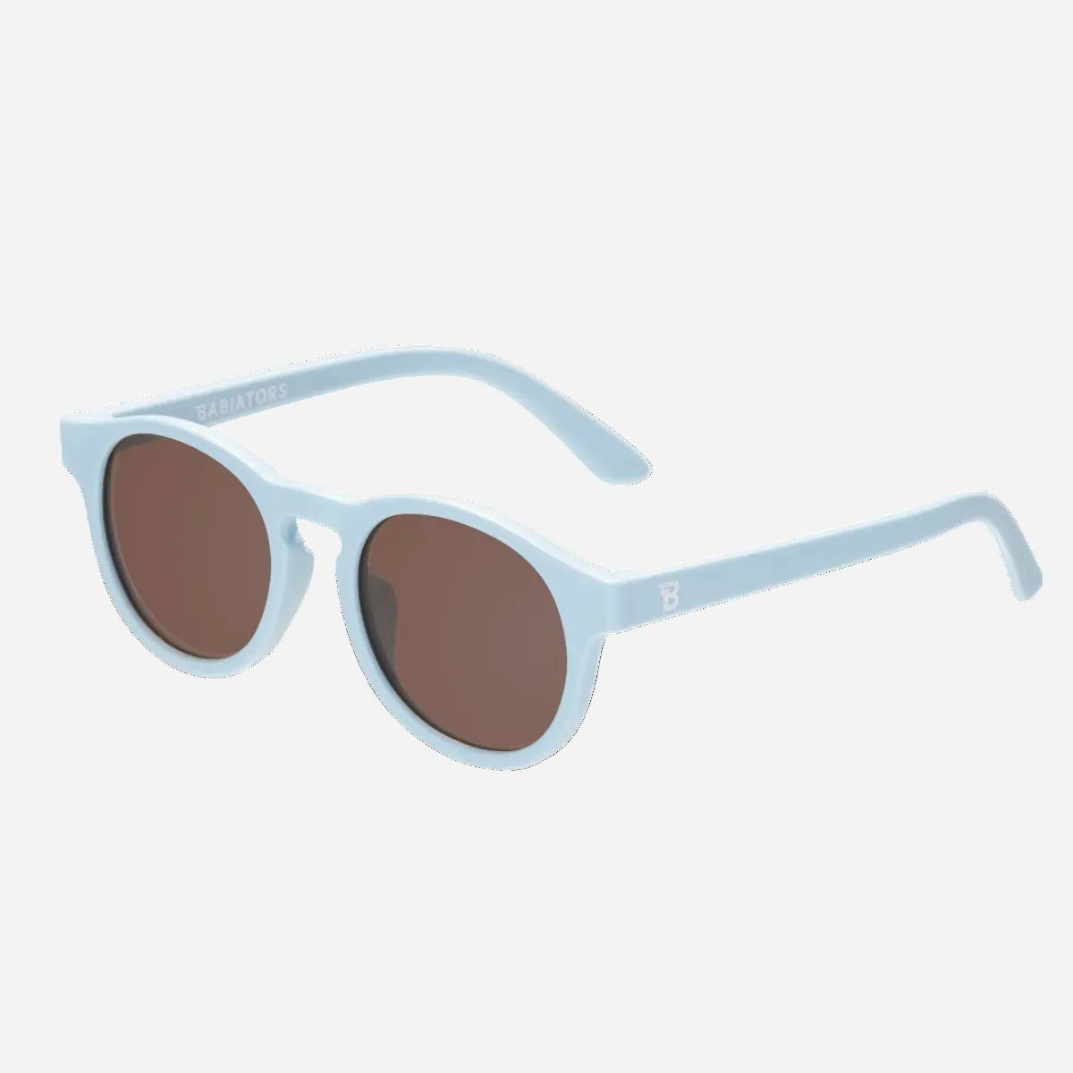 Light blue sunglasses with brown lenses on a white background