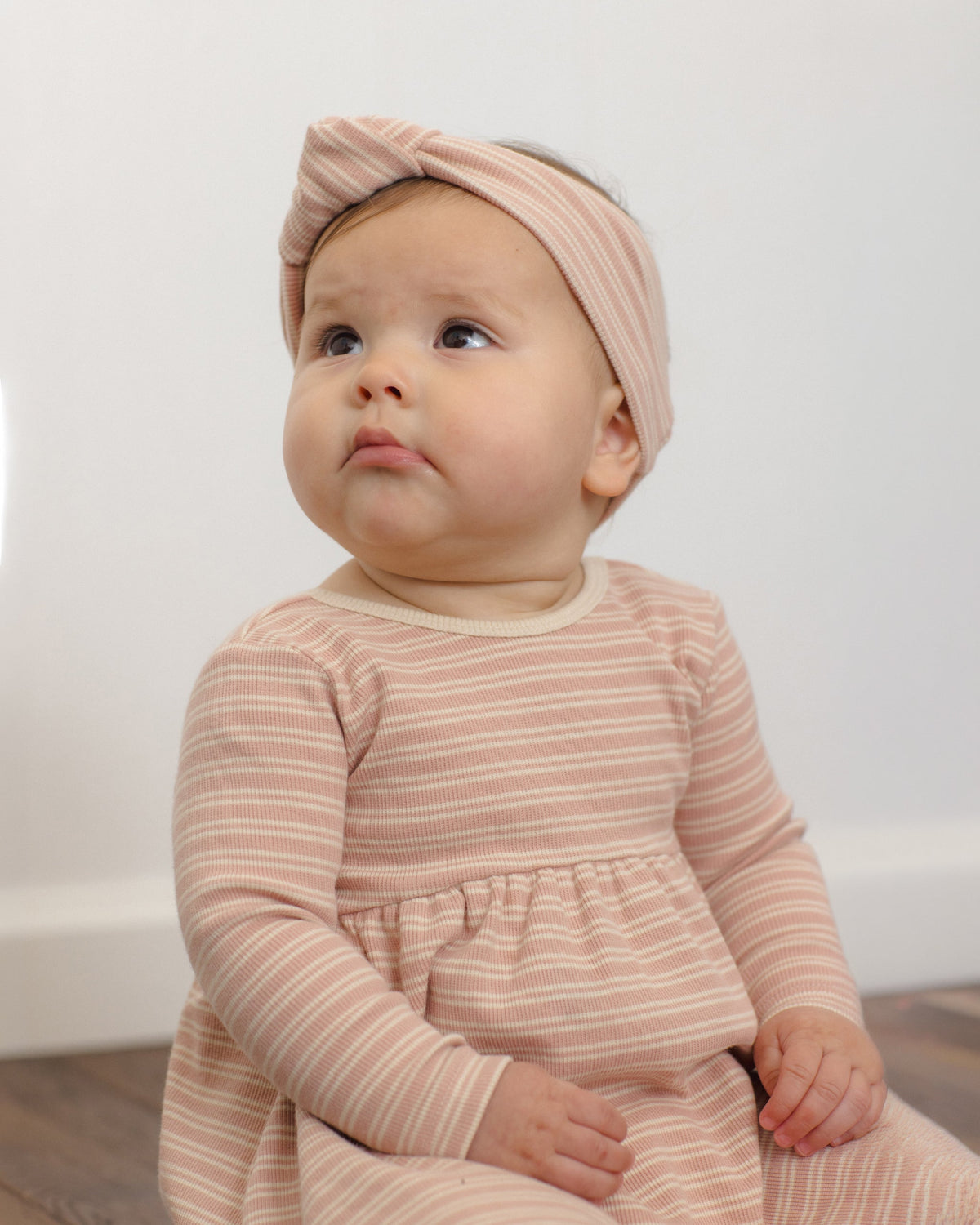 Ribbed Knotted Headband, Dusty Rose Micro Stripe lifestyle