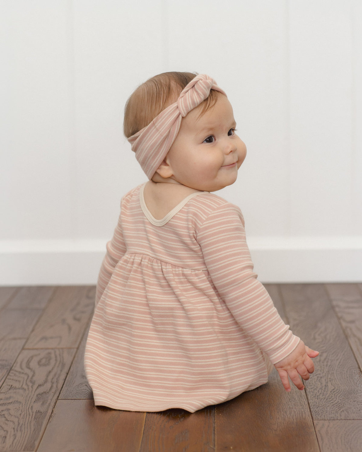 Ribbed Knotted Headband, Dusty Rose Micro Stripe lifestyle 2